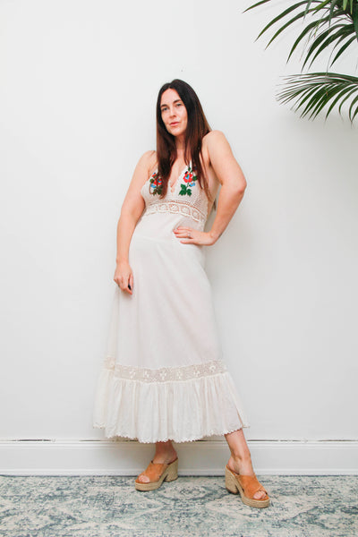 Rare 1970s Embroidered Cheesecloth Cotton Halter Maxi Dress