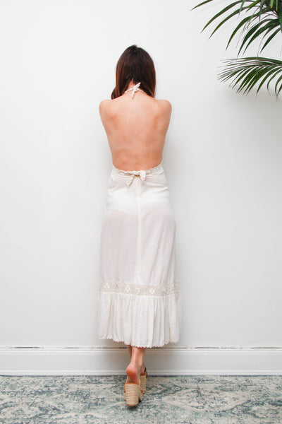Rare 1970s Embroidered Cheesecloth Cotton Halter Maxi Dress