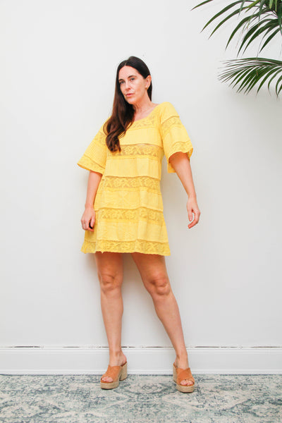 Vintage Mexican Mini Yellow Cotton Cape Sleeve Maxi Dress