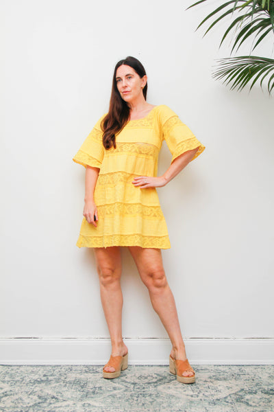 Vintage Mexican Mini Yellow Cotton Cape Sleeve Maxi Dress