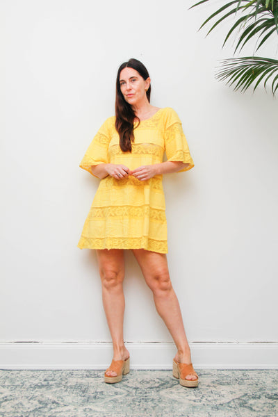 Vintage Mexican Mini Yellow Cotton Cape Sleeve Maxi Dress