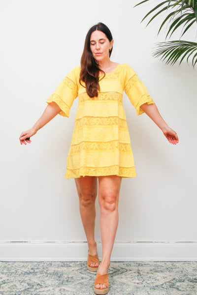 Vintage Mexican Mini Yellow Cotton Cape Sleeve Maxi Dress