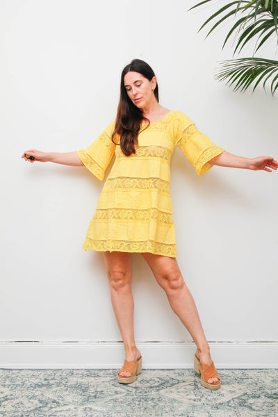 Vintage Mexican Mini Yellow Cotton Cape Sleeve Maxi Dress