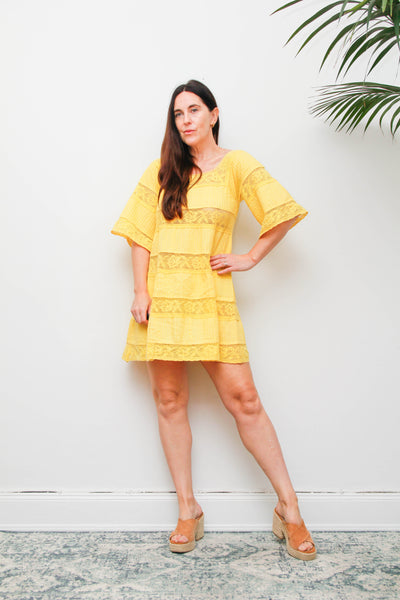 Vintage Mexican Mini Yellow Cotton Cape Sleeve Maxi Dress