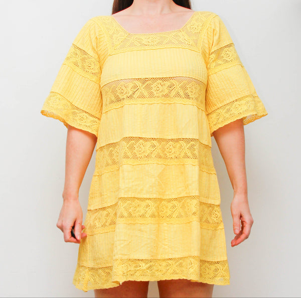 Vintage Mexican Mini Yellow Cotton Cape Sleeve Maxi Dress