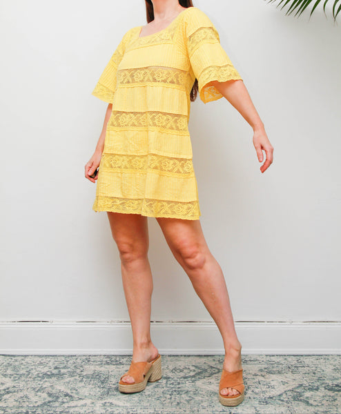 Vintage Mexican Mini Yellow Cotton Cape Sleeve Maxi Dress