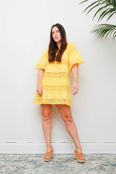 Vintage Mexican Mini Yellow Cotton Cape Sleeve Maxi Dress
