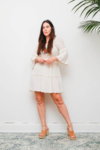 Vintage 1970s Embroidered Cheesecloth Cotton Mini Dress with Trumpet Sleeves