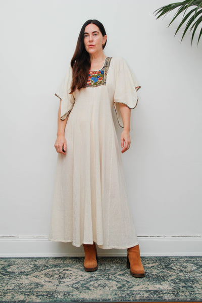 Vintage 1970s Cream Cheesecloth Cotton Cape Maxi Dress