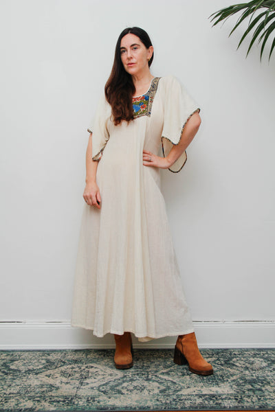 Vintage 1970s Cream Cheesecloth Cotton Cape Maxi Dress