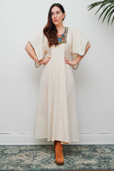 Vintage 1970s Cream Cheesecloth Cotton Cape Maxi Dress