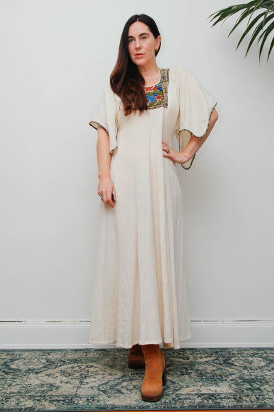 Vintage 1970s Cream Cheesecloth Cotton Cape Maxi Dress