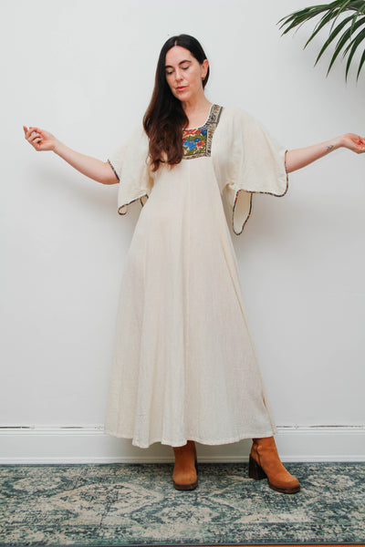 Vintage 1970s Cream Cheesecloth Cotton Cape Maxi Dress