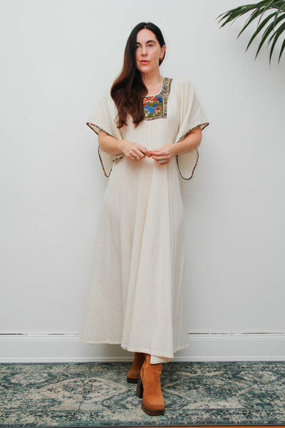 Vintage 1970s Cream Cheesecloth Cotton Cape Maxi Dress