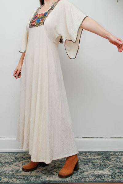 Vintage 1970s Cream Cheesecloth Cotton Cape Maxi Dress