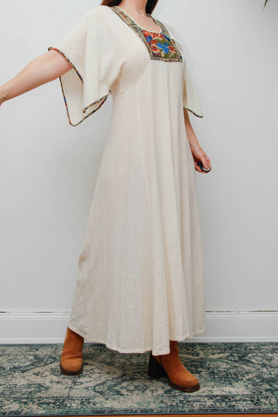 Vintage 1970s Cream Cheesecloth Cotton Cape Maxi Dress