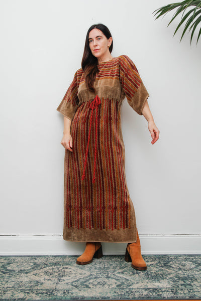 Rare 1970s Towelling Cotton Floral Kaftan Dress with Rope Detail