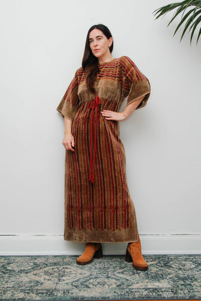 Rare 1970s Towelling Cotton Floral Kaftan Dress with Rope Detail