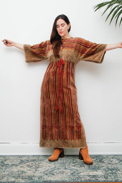 Rare 1970s Towelling Cotton Floral Kaftan Dress with Rope Detail