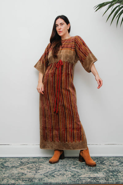 Rare 1970s Towelling Cotton Floral Kaftan Dress with Rope Detail