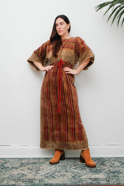 Rare 1970s Towelling Cotton Floral Kaftan Dress with Rope Detail