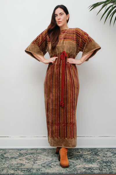 Rare 1970s Towelling Cotton Floral Kaftan Dress with Rope Detail