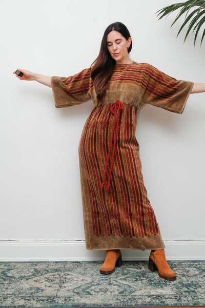 Rare 1970s Towelling Cotton Floral Kaftan Dress with Rope Detail