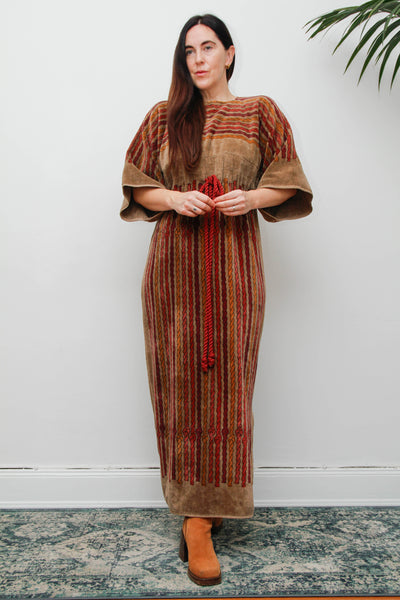 Rare 1970s Towelling Cotton Floral Kaftan Dress with Rope Detail