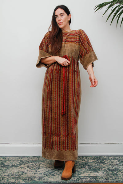 Rare 1970s Towelling Cotton Floral Kaftan Dress with Rope Detail