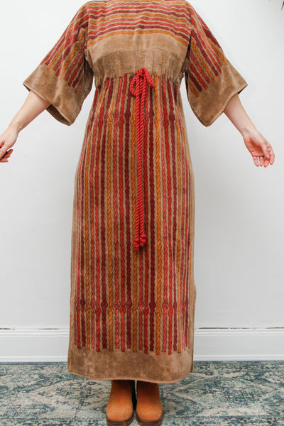 Rare 1970s Towelling Cotton Floral Kaftan Dress with Rope Detail