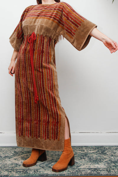 Rare 1970s Towelling Cotton Floral Kaftan Dress with Rope Detail