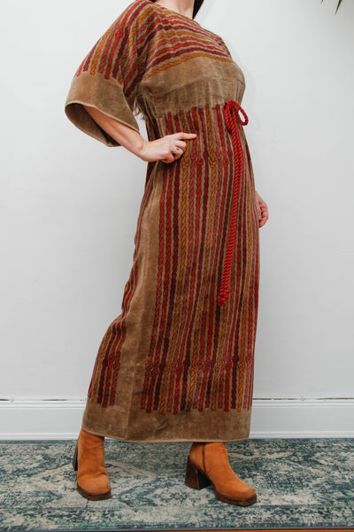Rare 1970s Towelling Cotton Floral Kaftan Dress with Rope Detail