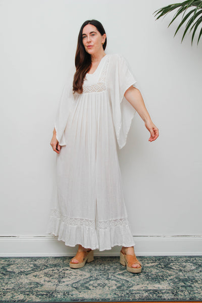Vintage Off-White Cotton Gauze Bohemian Maxi Dress-Lace Insert Ethereal Dress