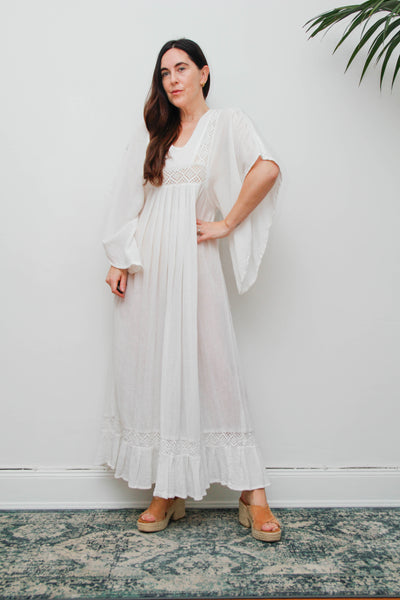 Vintage Off-White Cotton Gauze Bohemian Maxi Dress-Lace Insert Ethereal Dress