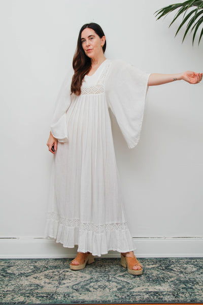 Vintage Off-White Cotton Gauze Bohemian Maxi Dress-Lace Insert Ethereal Dress