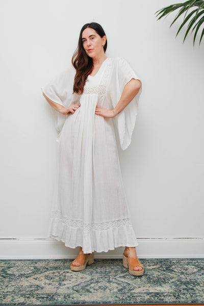Vintage Off-White Cotton Gauze Bohemian Maxi Dress-Lace Insert Ethereal Dress