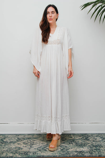 Vintage Off-White Cotton Gauze Bohemian Maxi Dress-Lace Insert Ethereal Dress