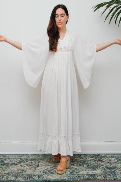 Vintage Off-White Cotton Gauze Bohemian Maxi Dress-Lace Insert Ethereal Dress