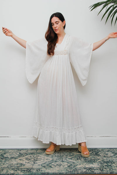 Vintage Off-White Cotton Gauze Bohemian Maxi Dress-Lace Insert Ethereal Dress