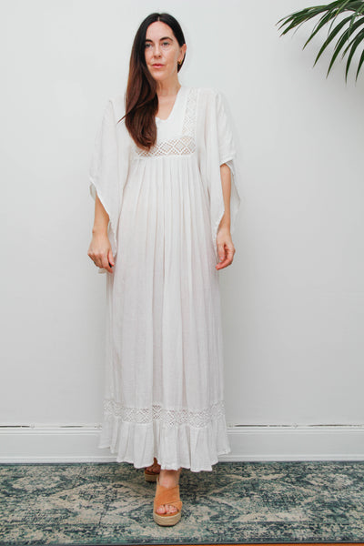 Vintage Off-White Cotton Gauze Bohemian Maxi Dress-Lace Insert Ethereal Dress