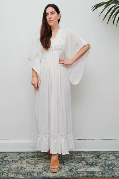 Vintage Off-White Cotton Gauze Bohemian Maxi Dress-Lace Insert Ethereal Dress