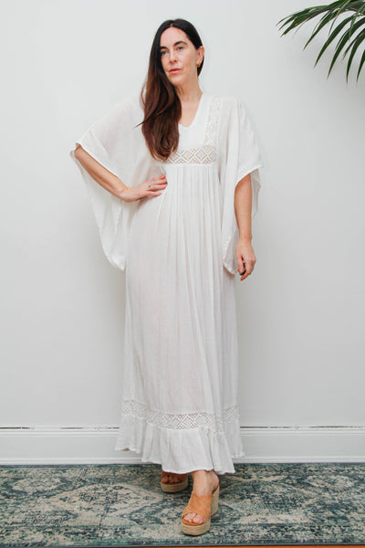Vintage Off-White Cotton Gauze Bohemian Maxi Dress-Lace Insert Ethereal Dress