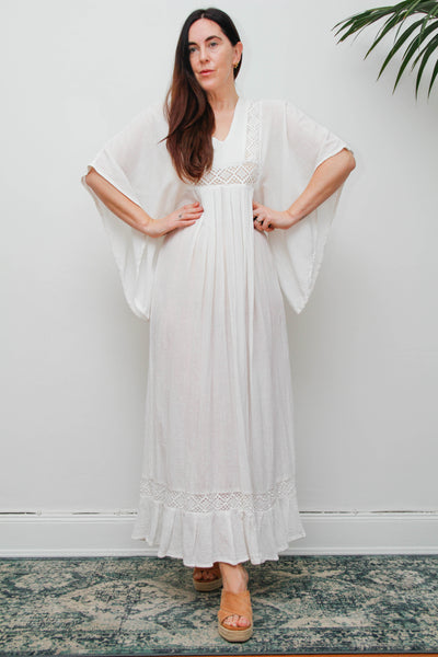 Vintage Off-White Cotton Gauze Bohemian Maxi Dress-Lace Insert Ethereal Dress