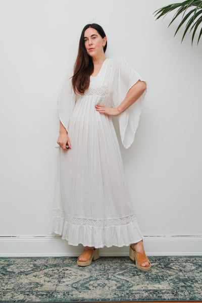 Vintage Off-White Cotton Gauze Bohemian Maxi Dress-Lace Insert Ethereal Dress