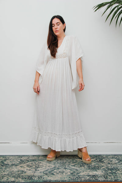 Vintage Off-White Cotton Gauze Bohemian Maxi Dress-Lace Insert Ethereal Dress