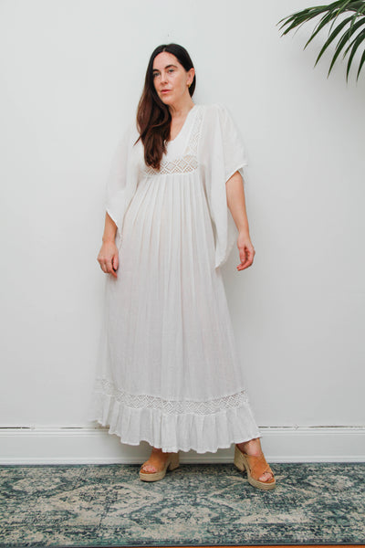 Vintage Off-White Cotton Gauze Bohemian Maxi Dress-Lace Insert Ethereal Dress