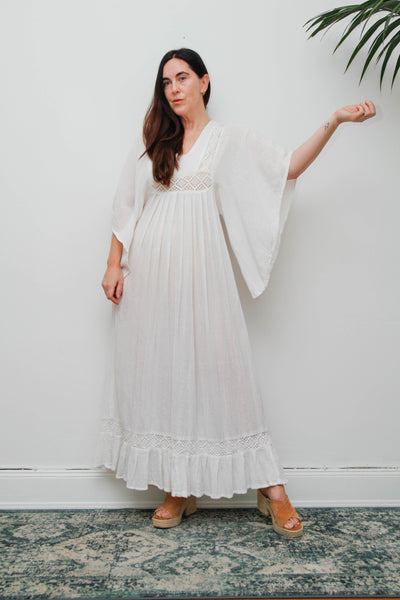 Vintage Off-White Cotton Gauze Bohemian Maxi Dress-Lace Insert Ethereal Dress