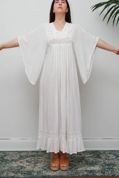 Vintage Off-White Cotton Gauze Bohemian Maxi Dress-Lace Insert Ethereal Dress