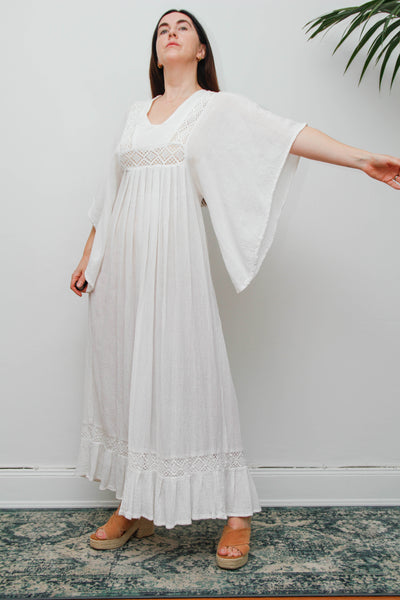 Vintage Off-White Cotton Gauze Bohemian Maxi Dress-Lace Insert Ethereal Dress