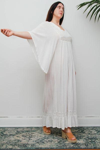 Vintage Off-White Cotton Gauze Bohemian Maxi Dress-Lace Insert Ethereal Dress